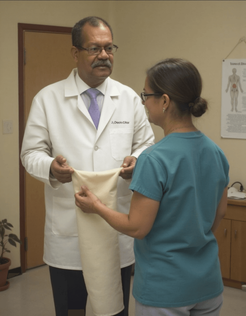 Dr. M, enseñando a la paciente su faja post.operatoria